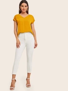 SHEIN LUNE Rolled Cuff High Low Hem Top - Mustard Yellow - View 3