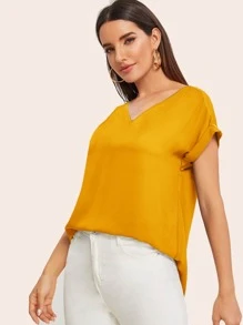 SHEIN LUNE Rolled Cuff High Low Hem Top - Mustard Yellow - View 4