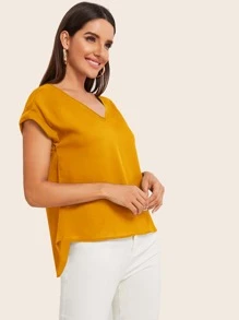 SHEIN LUNE Rolled Cuff High Low Hem Top - Mustard Yellow - View 5