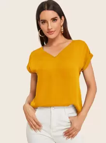 SHEIN LUNE Rolled Cuff High Low Hem Top - Mustard Yellow - View 1