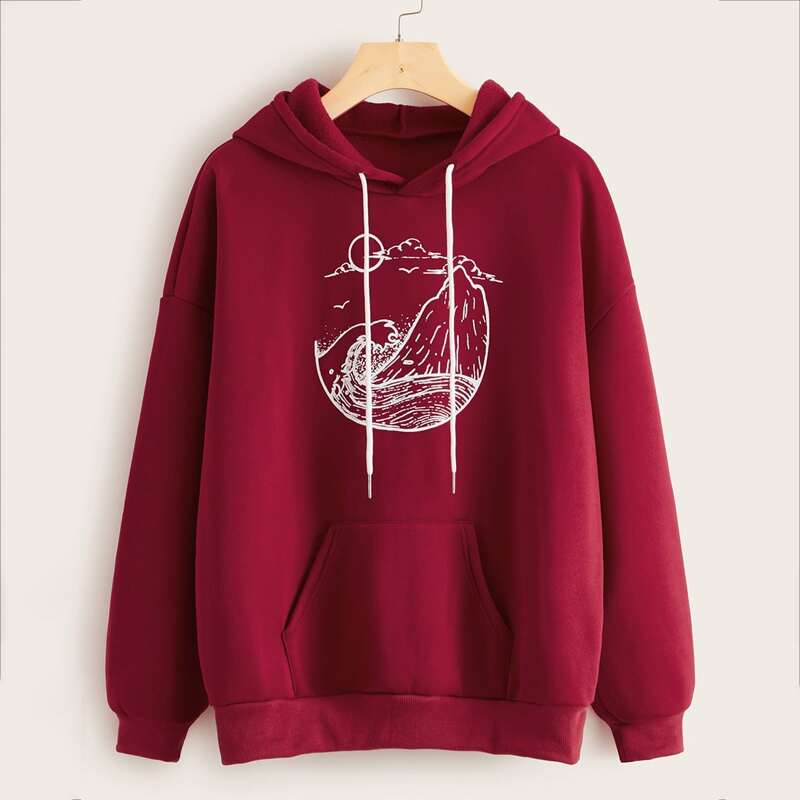 

Wave Print Kangaroo Pocket Drawstring Hoodie, Burgundy
