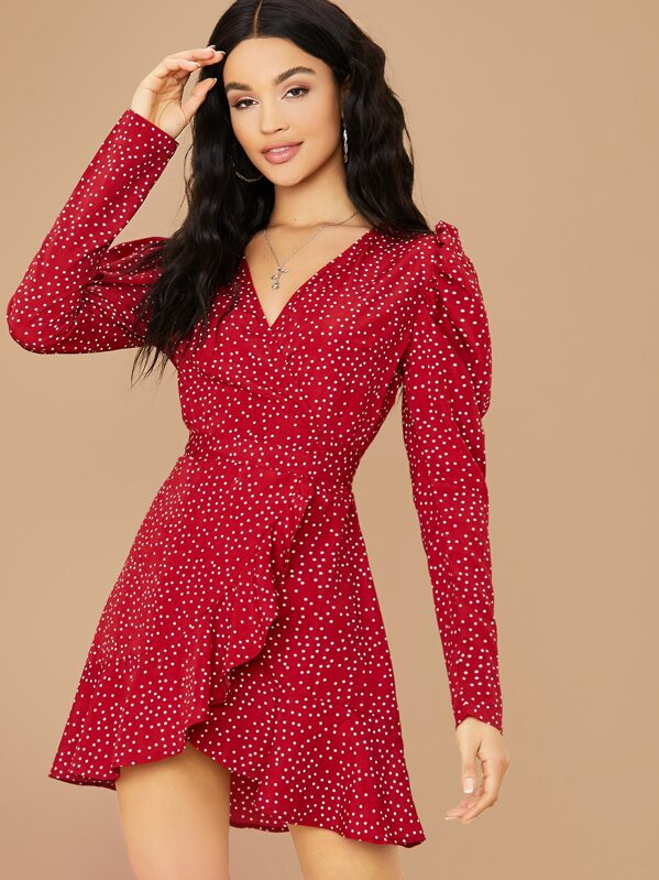 

Gigot Sleeve Ruffle Hem Polka Dot Wrap Dress, Red, Juliette