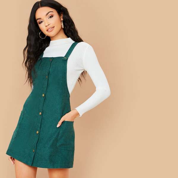 

Button Front Pocket Patched Corduroy Pinafore Dress, Green