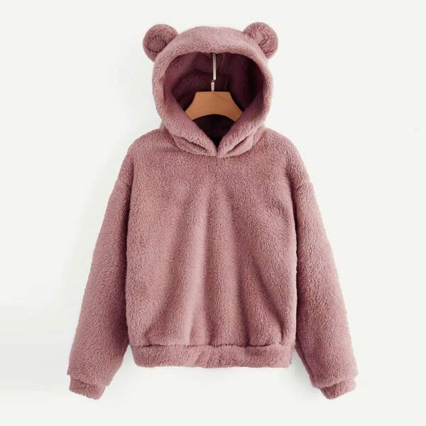 

Plus Drop Shoulder Teddy Ear Hoodie, Pink
