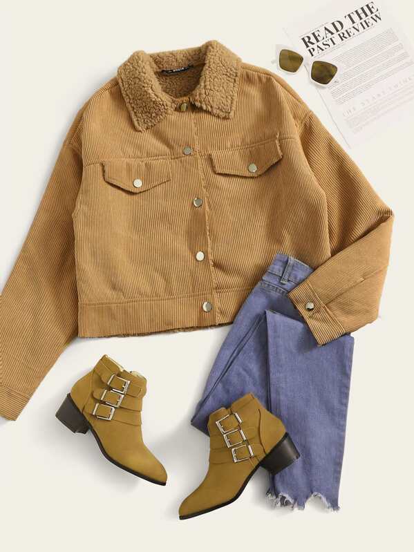 

Fleece Lined Button Up Cord Jacket, Camel