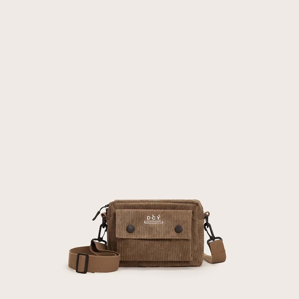 

Letter Embroidered Detail Corduroy Bag, Brown
