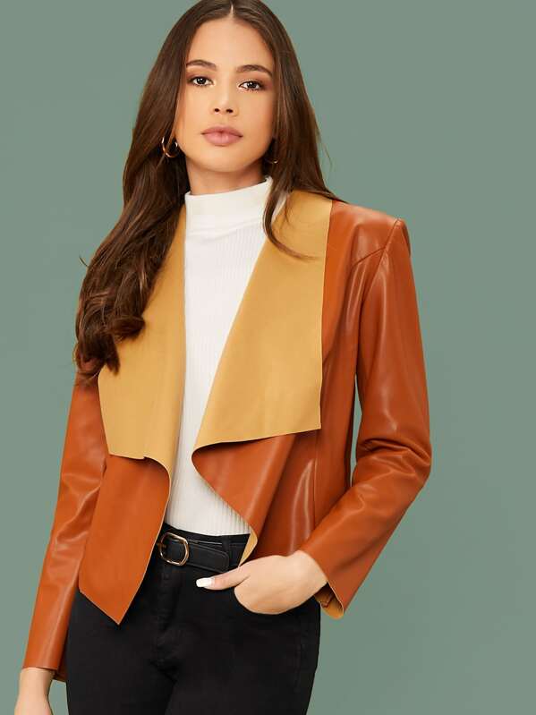 

Waterfall Collar PU Leather Jacket, Camel, Julia Peres