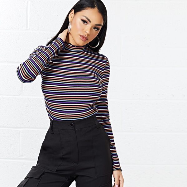 

Mock Neck Stripe Fitted Top, Multicolor