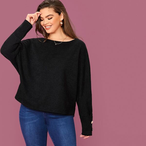 

Plus Gold Button Detail Solid Tee, Black