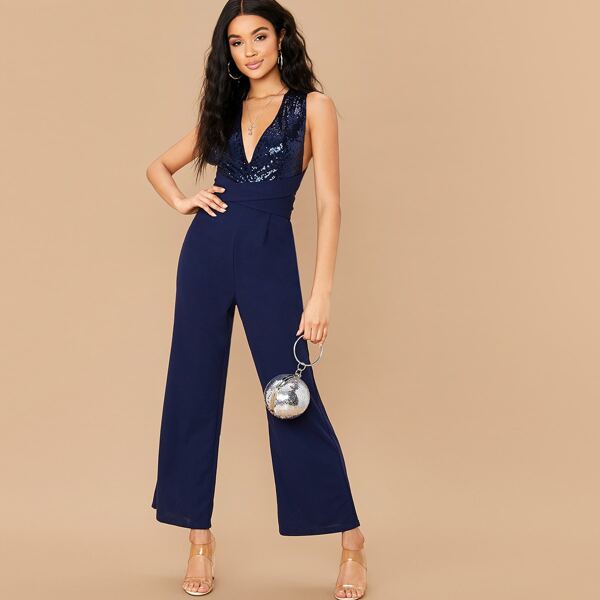 

Plunging Neck Crisscross Back Sequin Bodice Flare Leg Jumpsuit, Navy