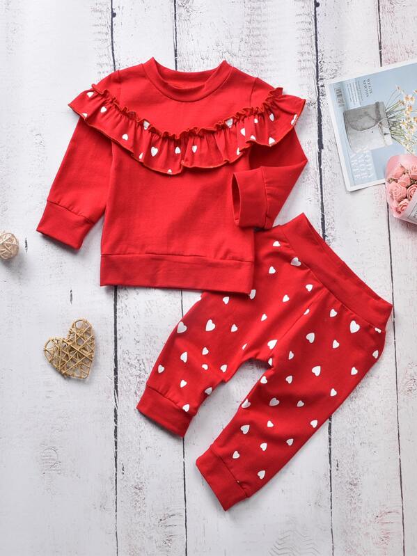 

Toddler Girls Ruffle Heart Print Sweatshirt With Sweatpants, Red