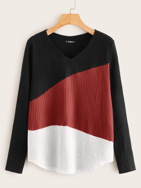 

V-neck Color Block Curved Hem Waffle Knit Tee, Multicolor