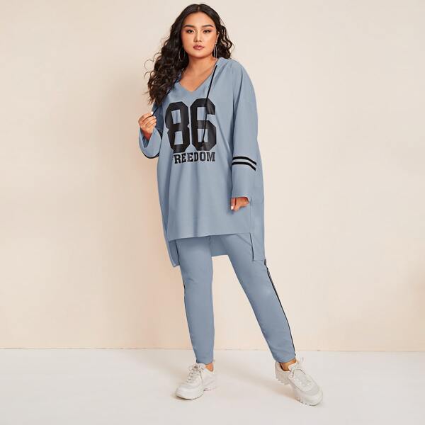 

Plus Letter Graphic Dip Hem Hoodie & Striped Leggings Set, Pastel dusty blue