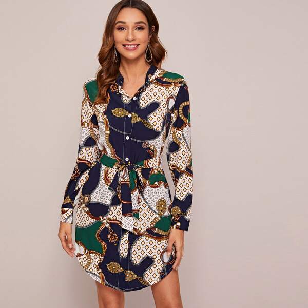 

Chain Print Belted Curved Hem Shirt Dress, Multicolor