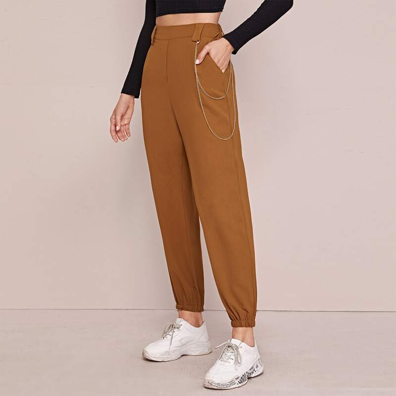 

Chain Decoration Solid Carrot Pants, Camel