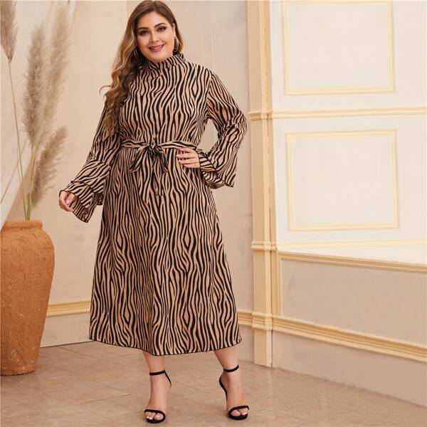 

Plus Zebra Striped Self Tie A-line Dress, Multicolor