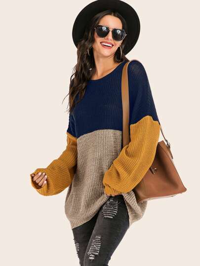 Colorblock Drop Shoulder Ribbed Knit Sweater