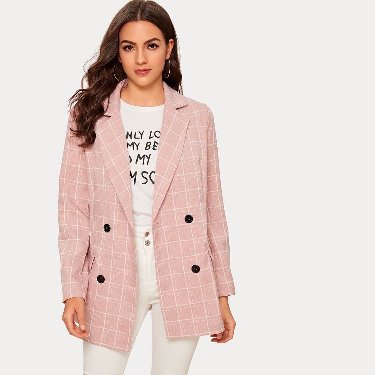 

Notch Collar Double Breasted Plaid Blazer, Pink pastel