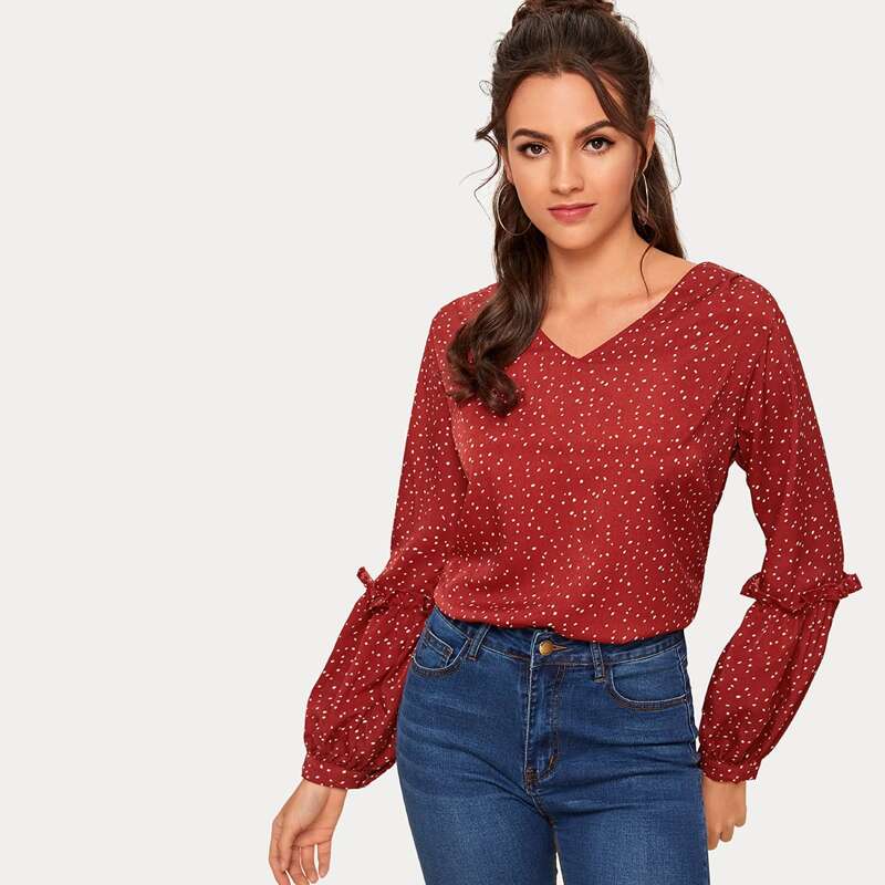 

Dalmatian Print Frill Trim Blouse, Red