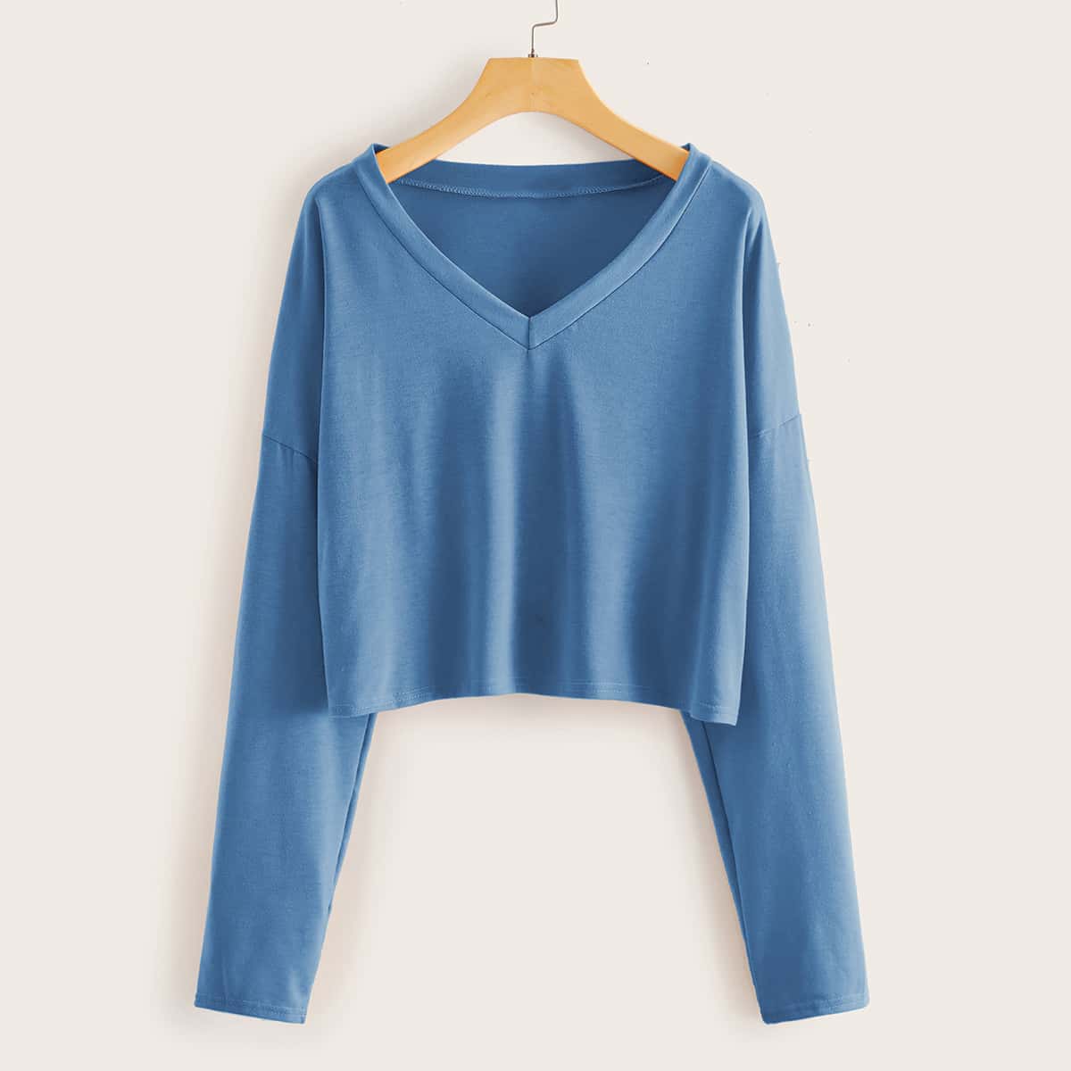 

V-neck Drop Shoulder Solid Crop Tee, Blue