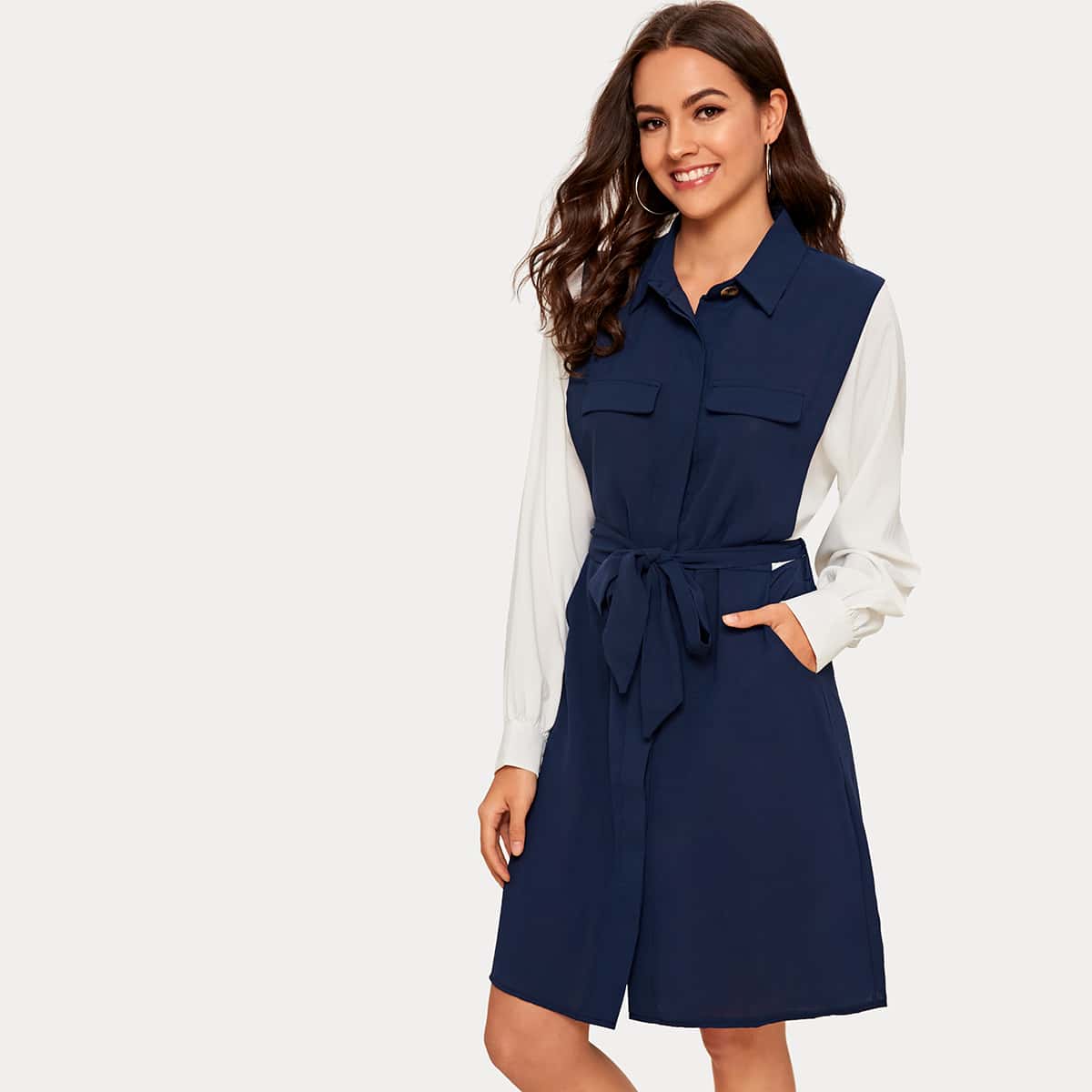 

Contrast Sleeve Self Tie Shirt Dress, Navy