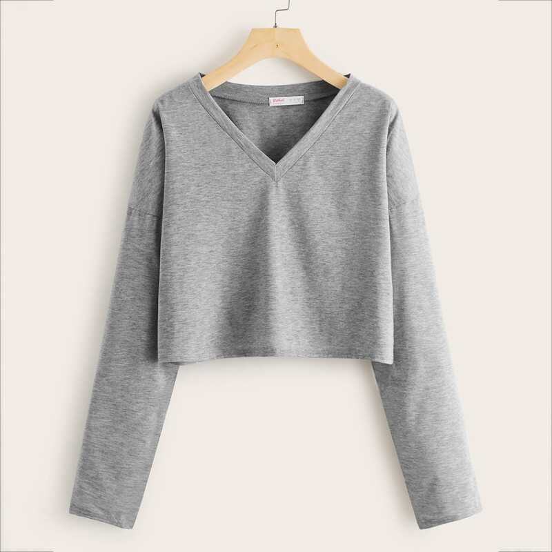 

V-neck Drop Shoulder Solid Crop Tee, Grey