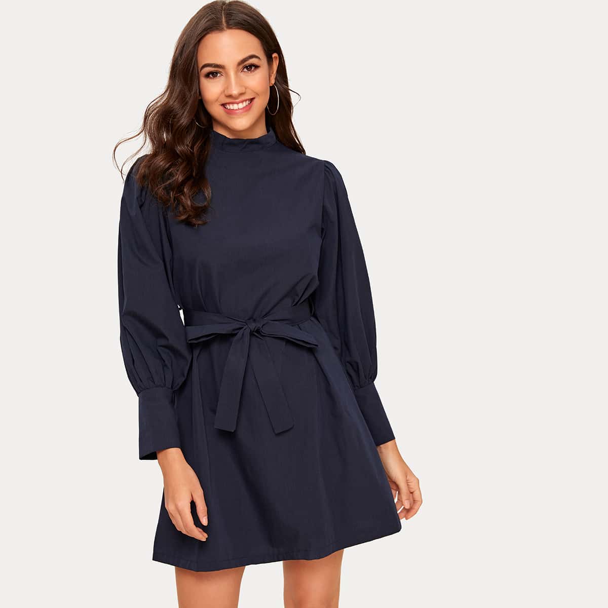 

Stand Collar Self Tie Zip Back Dress, Navy