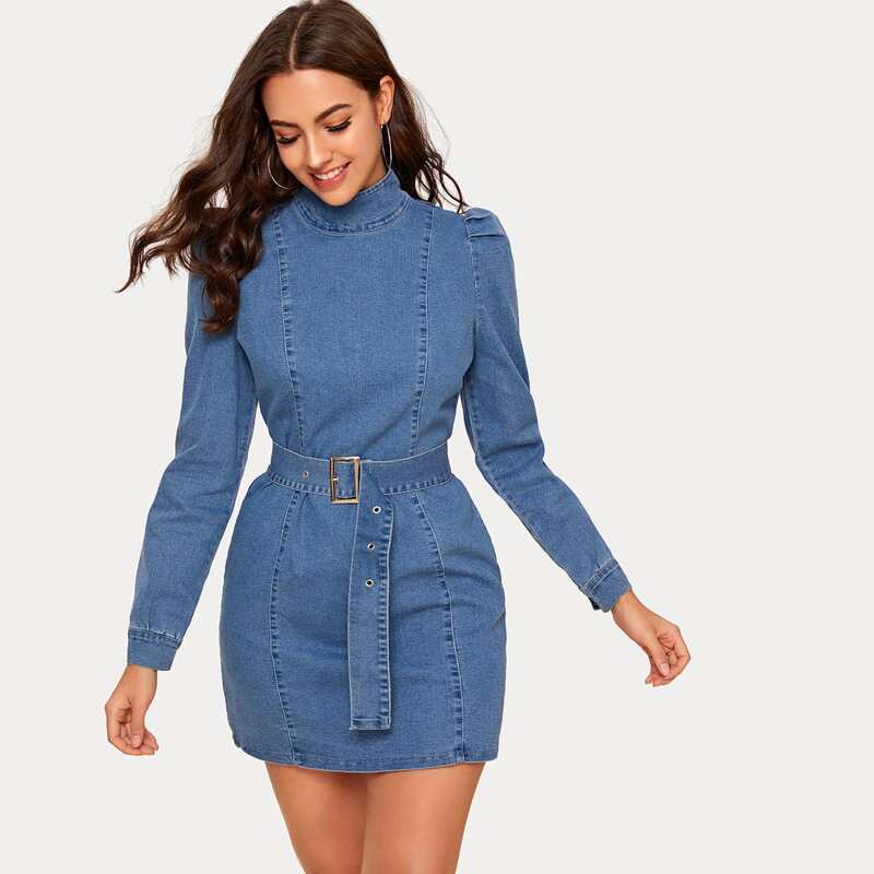 

High Neck Buckle Belted Bodycon Denim Dress, Blue
