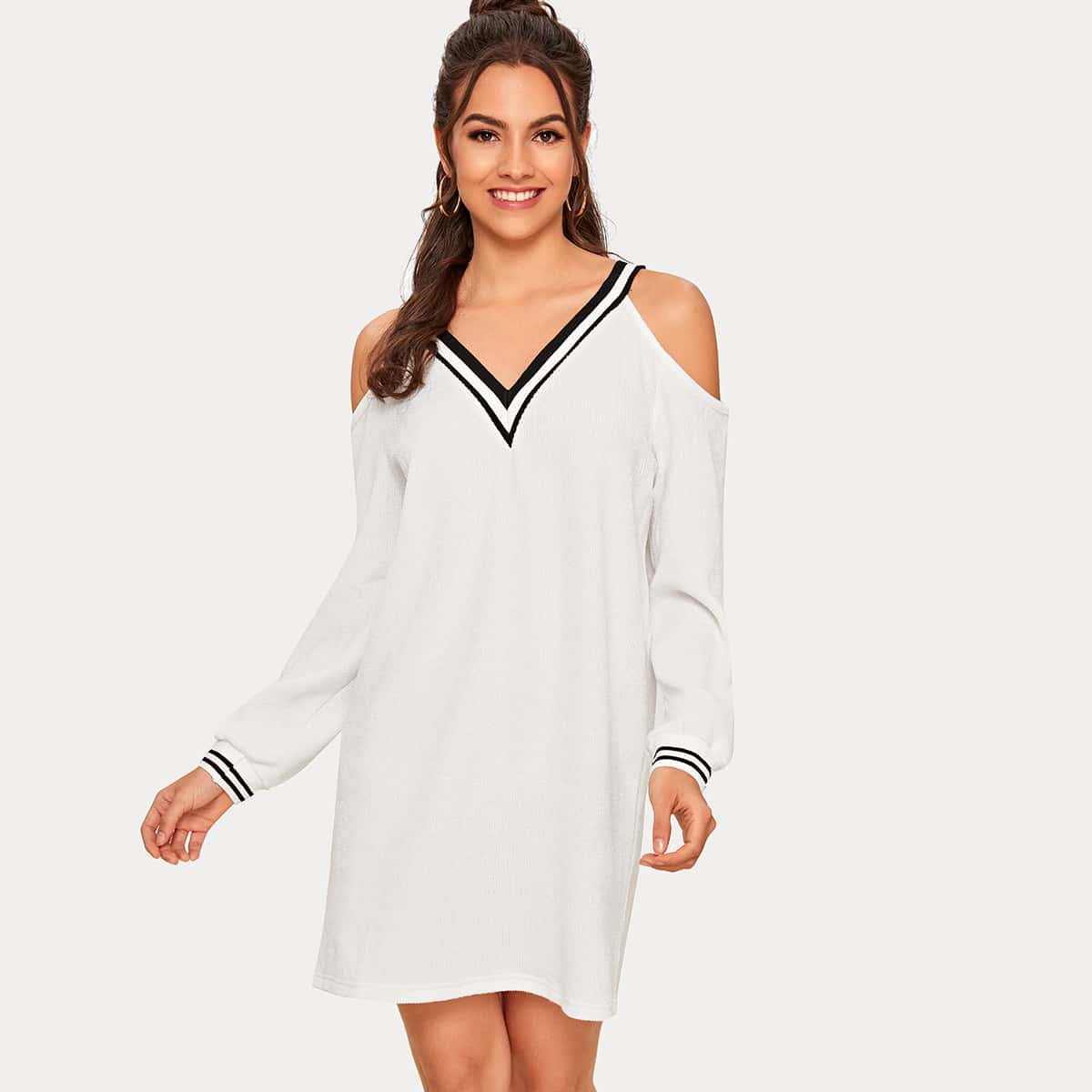 

Striped Trim Cold Shoulder Dress Without Bag, White