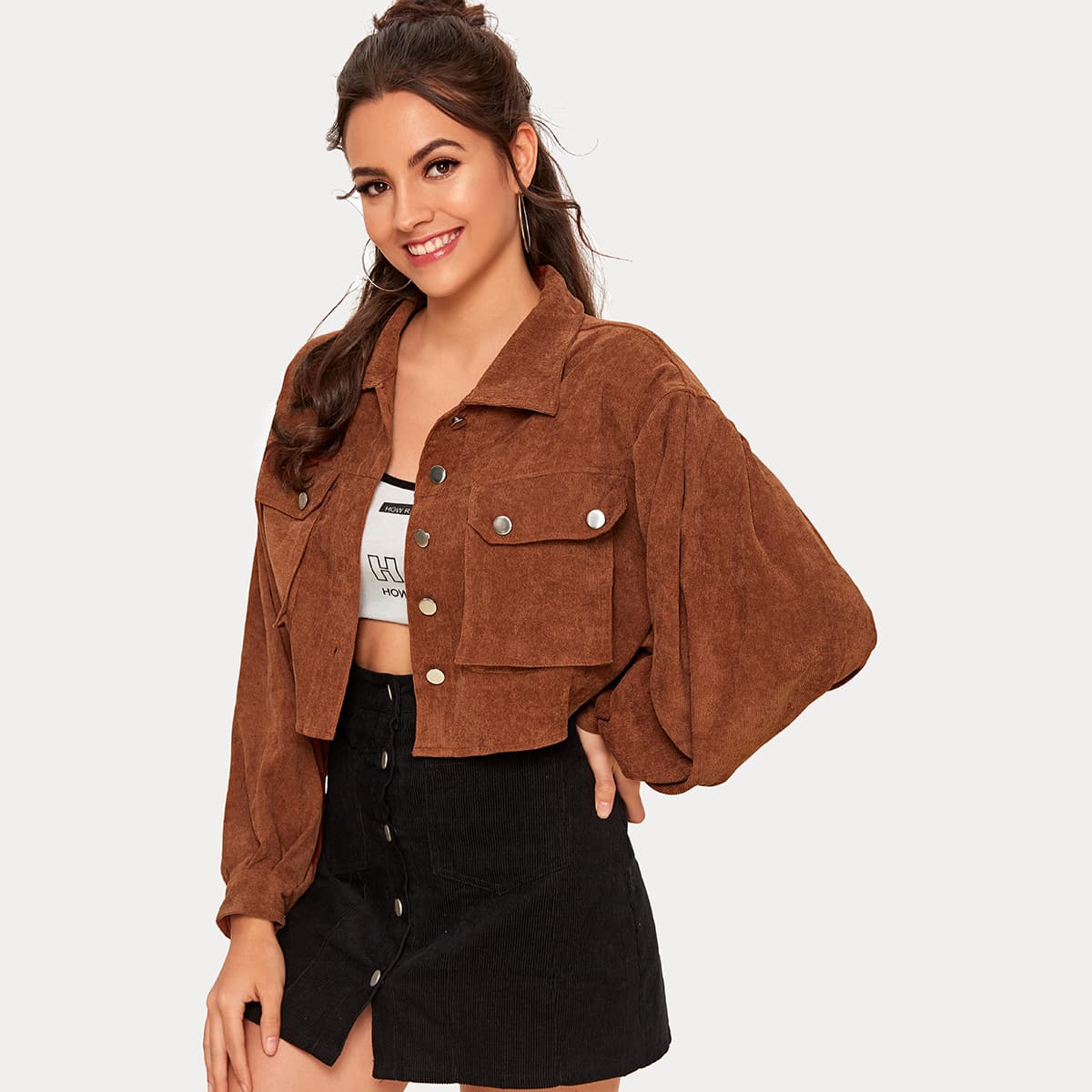 

Metal Button Flap Pocket Crop Utility Jacket, Brown