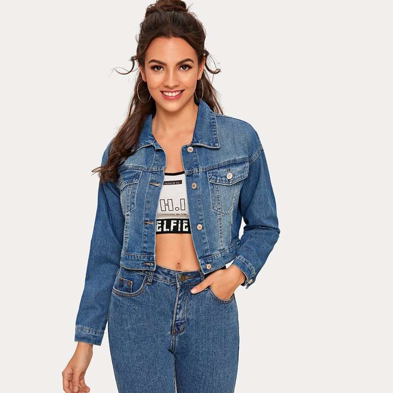 

Button Front Crop Trucker Denim Jacket, Blue