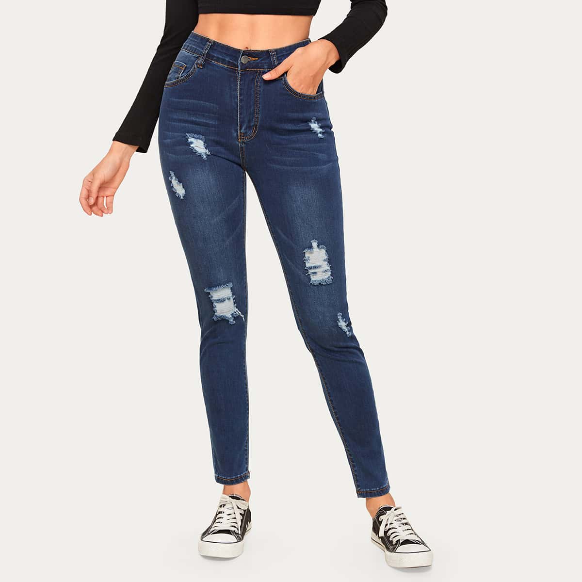 

Dark Wash Ripped Skinny Jeans, Navy
