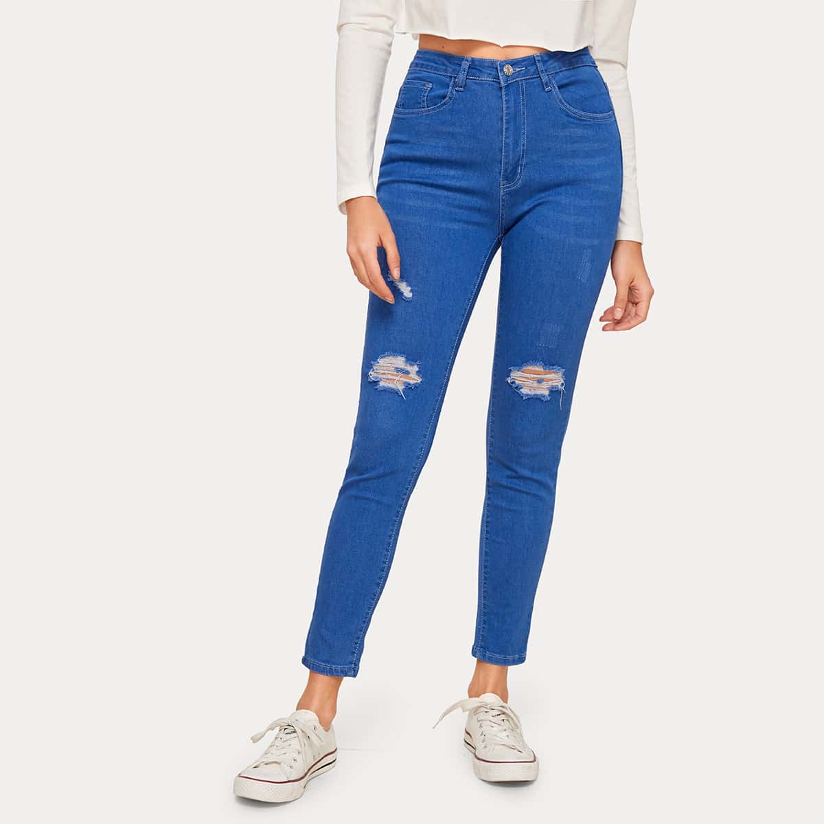 

Ripped Detail Skinny Jeans Without Belt, Blue