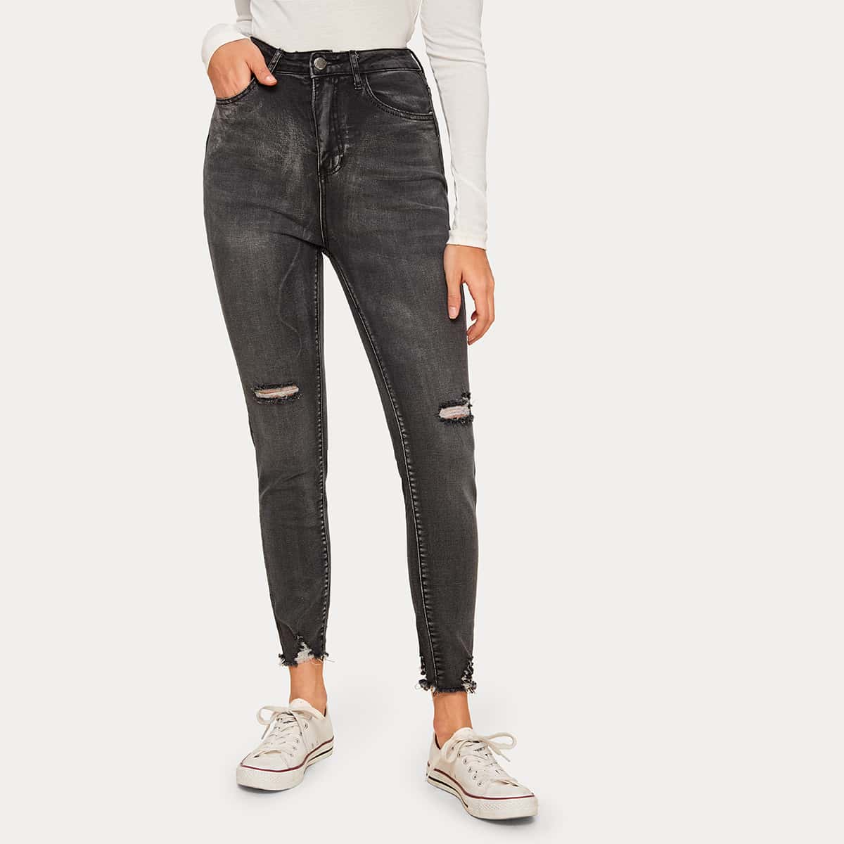 

Dark Wash Ripped Raw Hem Skinny Jeans, Grey