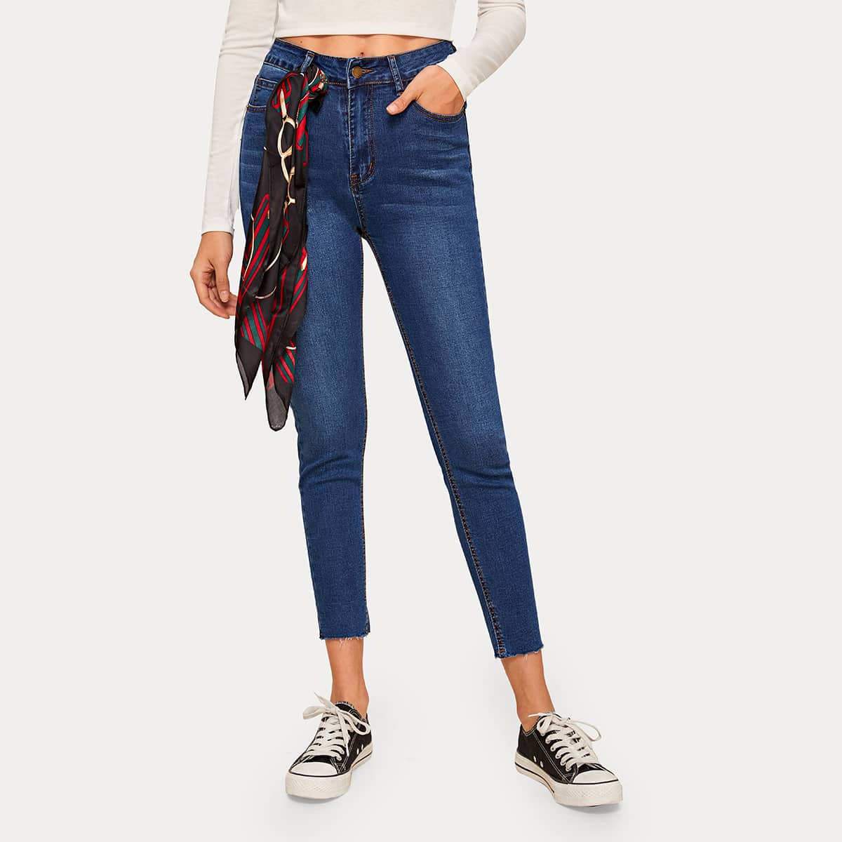 

Raw Hem Skinny Jeans With Scarf, Blue