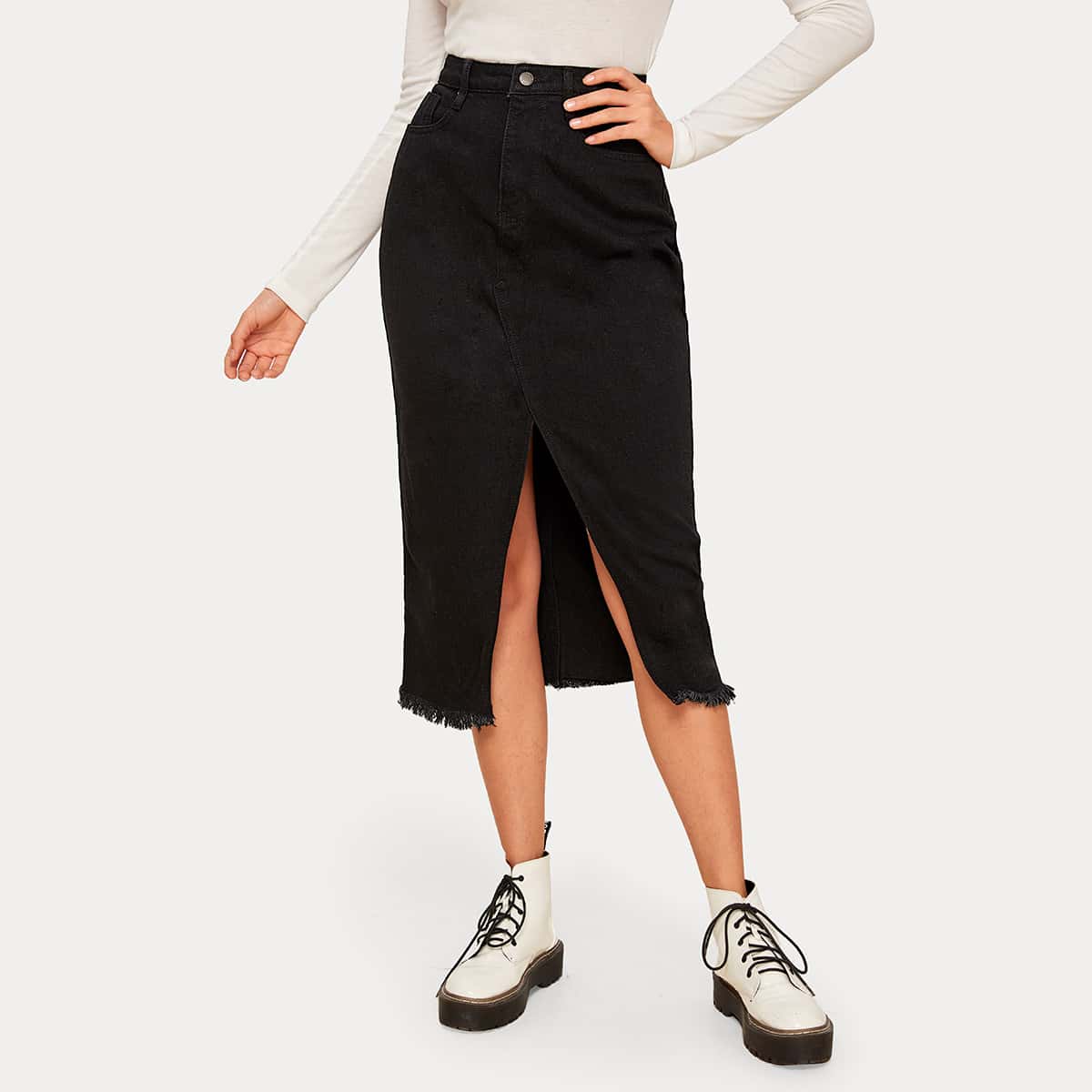 

Split Thigh Raw Hem Denim Skirt, Black