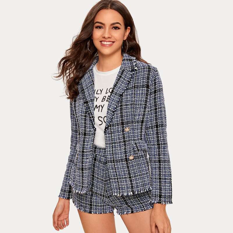 

Plaid Double Button Tweed Blazer & Shorts Set, Multicolor