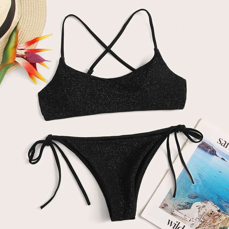 

Glitter Criss Cross Top With Tie Side Bikini Set, Black