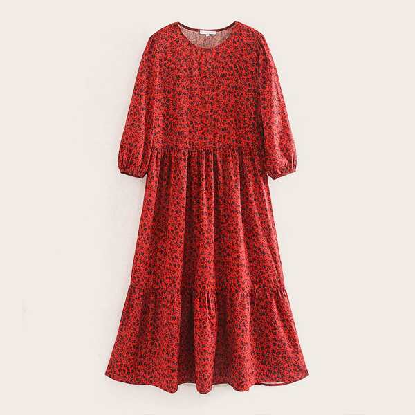 

Ditsy Floral Print Ruffle Hem Dress, Red