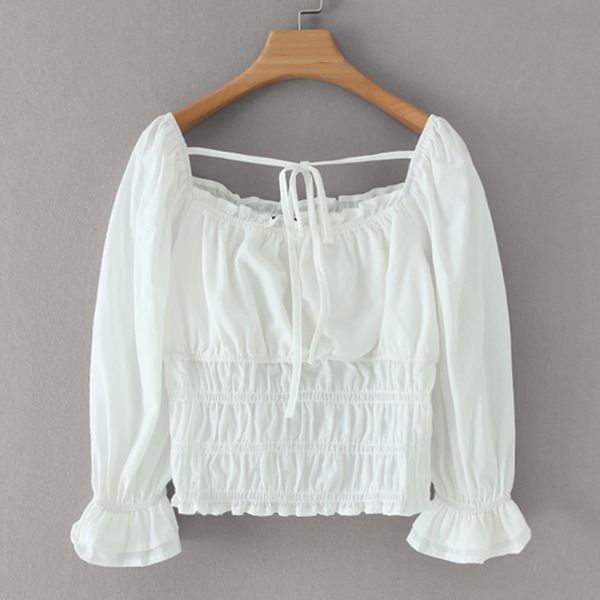 

Drawstring Detail Shirred Waist Crop Blouse, White
