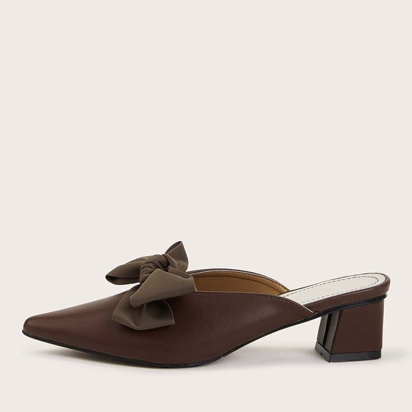 

Point Toe Bow Decor Chunky Heels, Coffee