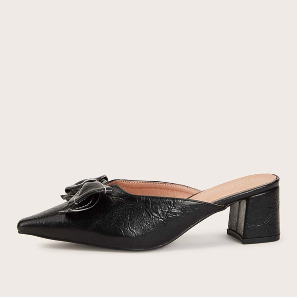 

Point Toe Bow Decor Chunky Heeled Mules, Black