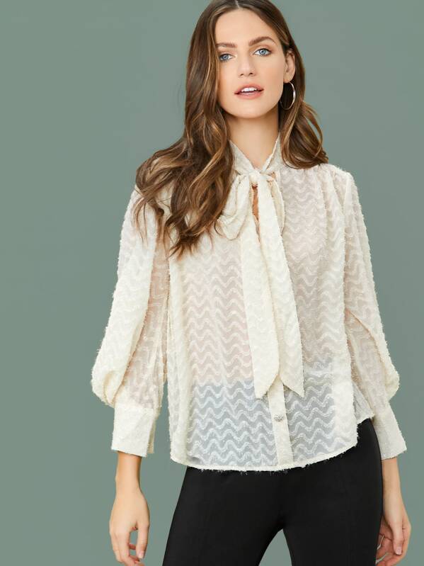 

Tie Neck Lantern Sleeve Semi Sheer Textured Blouse, Beige, Zorana