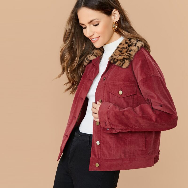 

Contrast Leopard Faux Fur Collar Flap Pocket Cord Jacket, Burgundy