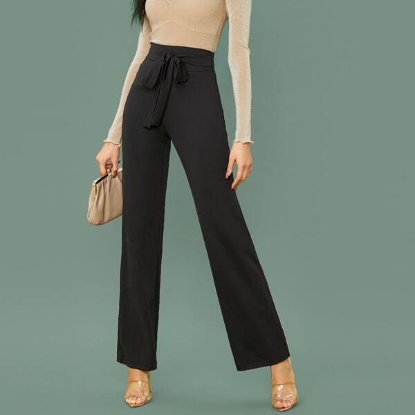 

Belted Self-Tie Wide Leg Pants, Black