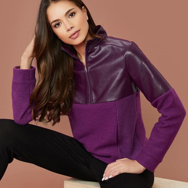 

Zip Half Placket Mixed Media Sweatshirt, Purple