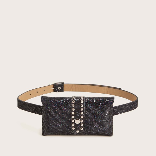 

Studded Decor Flap Fanny Pack, Black