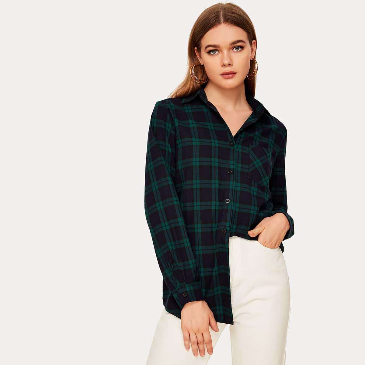 

Tartan Pocket Front Button Up Blouse, Multicolor