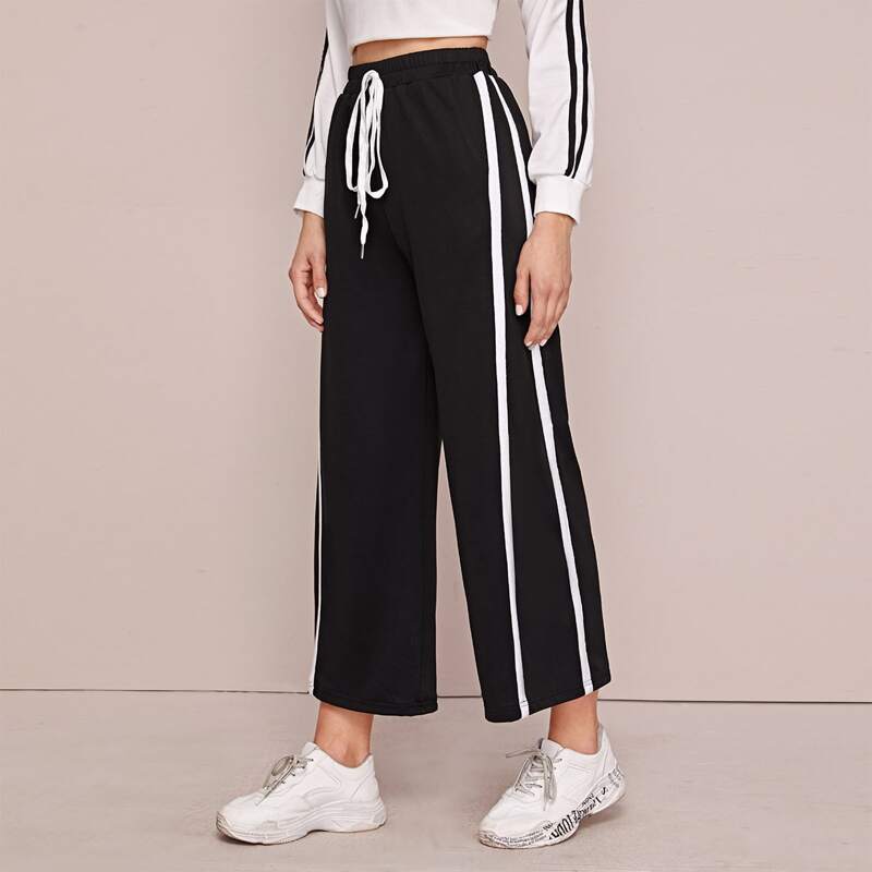 

Side Stripe Drawstring Wide Leg Sweatpants, Black