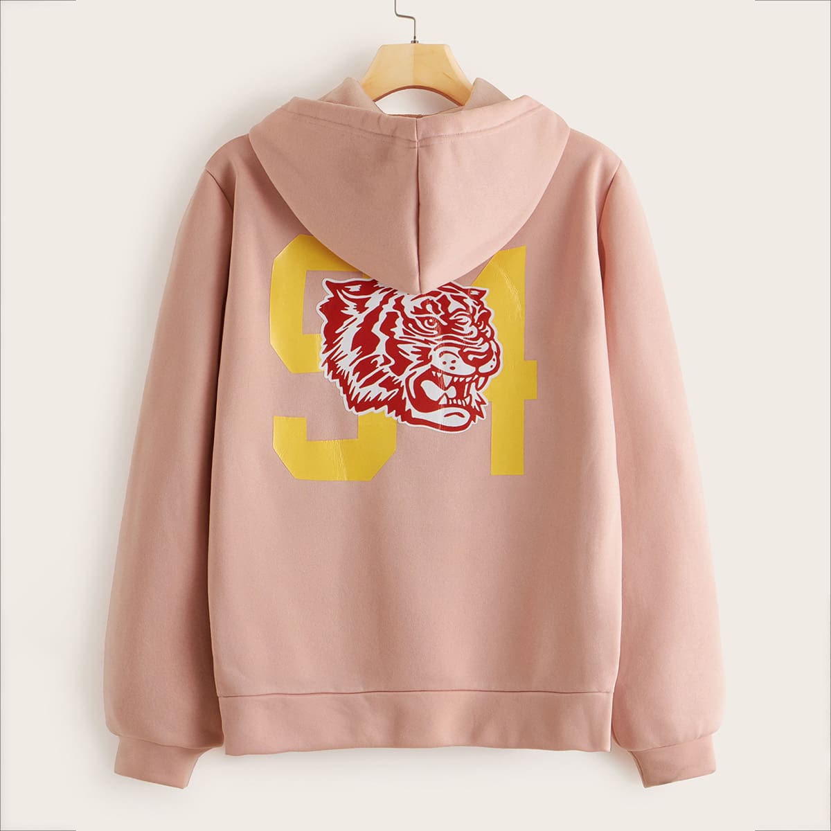 

Tiger & Letter Graphic Drawstring Hoodie, Pink